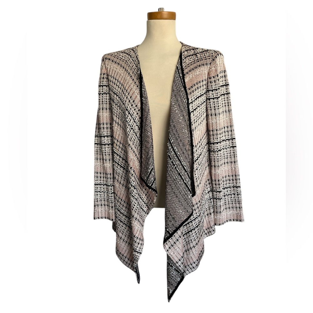 ST. JOHN Shell Caviar Flagged Stripe Knit Tweed Open Cascade Front Cardigan